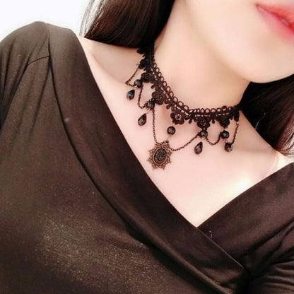 Faux Crystal Lace Necklace - 05 - Black / One Size