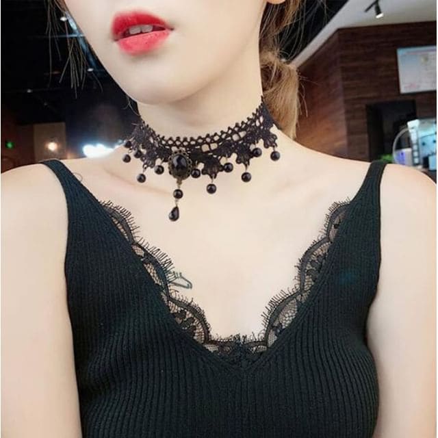 Faux Crystal Lace Necklace - 06 - Black / One Size