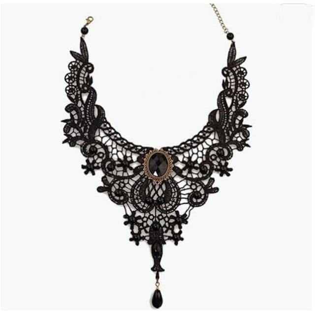 Faux Crystal Lace Necklace - 07 - Black / One Size