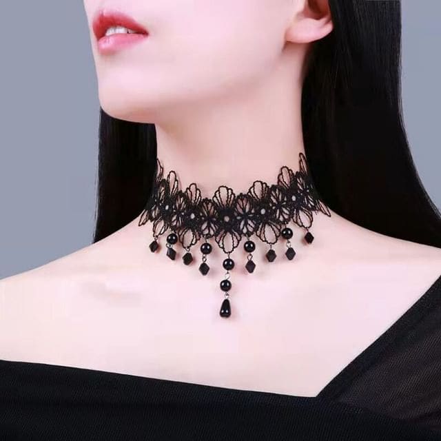 Faux Crystal Lace Necklace - 08 - Black / One Size