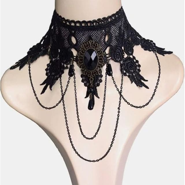 Faux Crystal Lace Necklace - 09 - Black / One Size