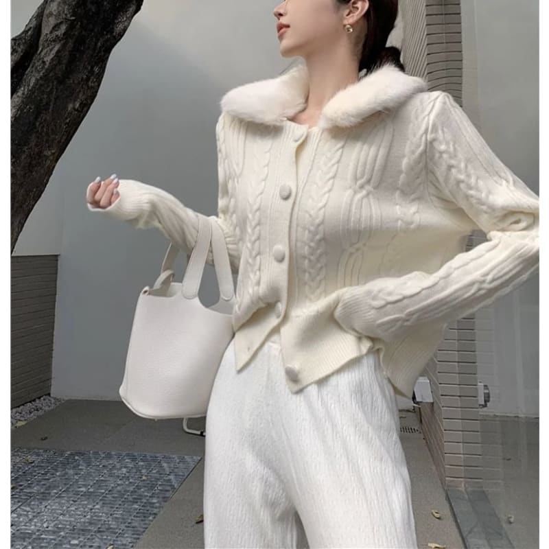 Faux Fur-Collar Cable-Knit Cardigan in 6 Colors