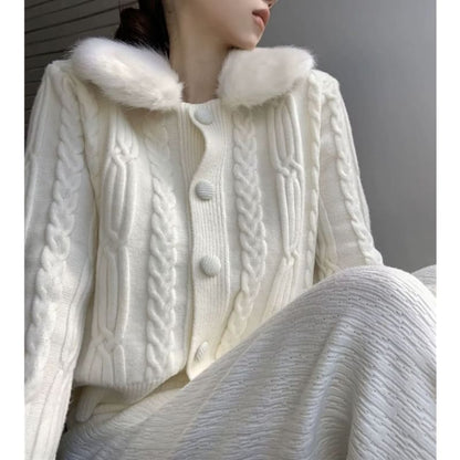 Faux Fur-Collar Cable-Knit Cardigan in 6 Colors