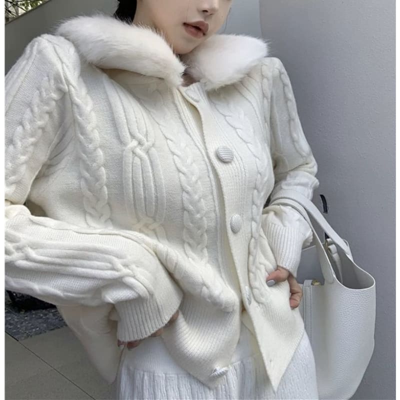 Faux Fur-Collar Cable-Knit Cardigan in 6 Colors