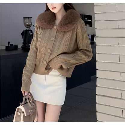 Faux Fur-Collar Cable-Knit Cardigan in 6 Colors