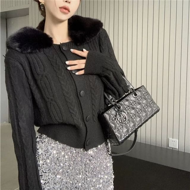 Faux Fur-Collar Cable-Knit Cardigan in 6 Colors - Black