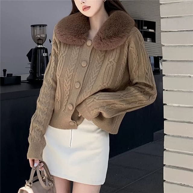 Faux Fur-Collar Cable-Knit Cardigan in 6 Colors - Coffee