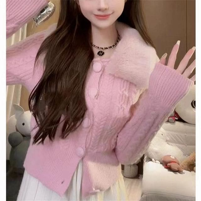 Faux Fur-Collar Cable-Knit Cardigan in 6 Colors - Pink