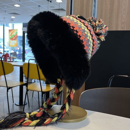 Faux Fur Pom Pom Knit Hat - Black / M