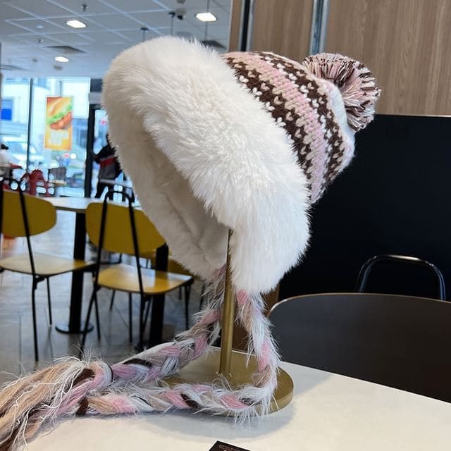 Faux Fur Pom Pom Knit Hat - Pink / M