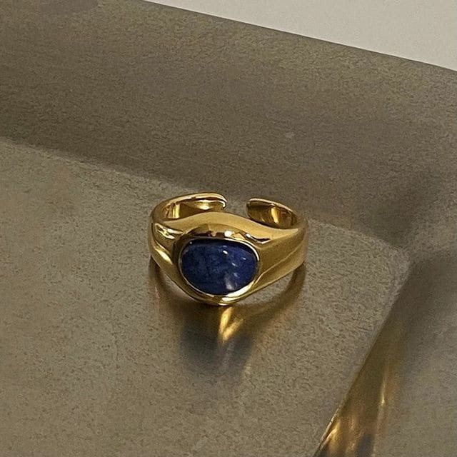 Faux Gemstone Alloy Open Ring - J3791 - Gold & Blue