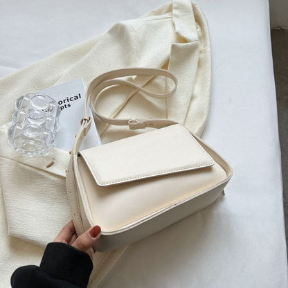 Faux Leather Asymmetrical Flap Crossbody Bag - Off-White