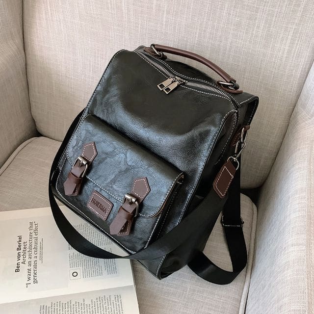 Faux Leather Buckled Backpack - Black / One Size