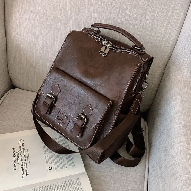 Faux Leather Buckled Backpack - Brown / One Size