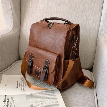 Faux Leather Buckled Backpack - Light Brown / One Size