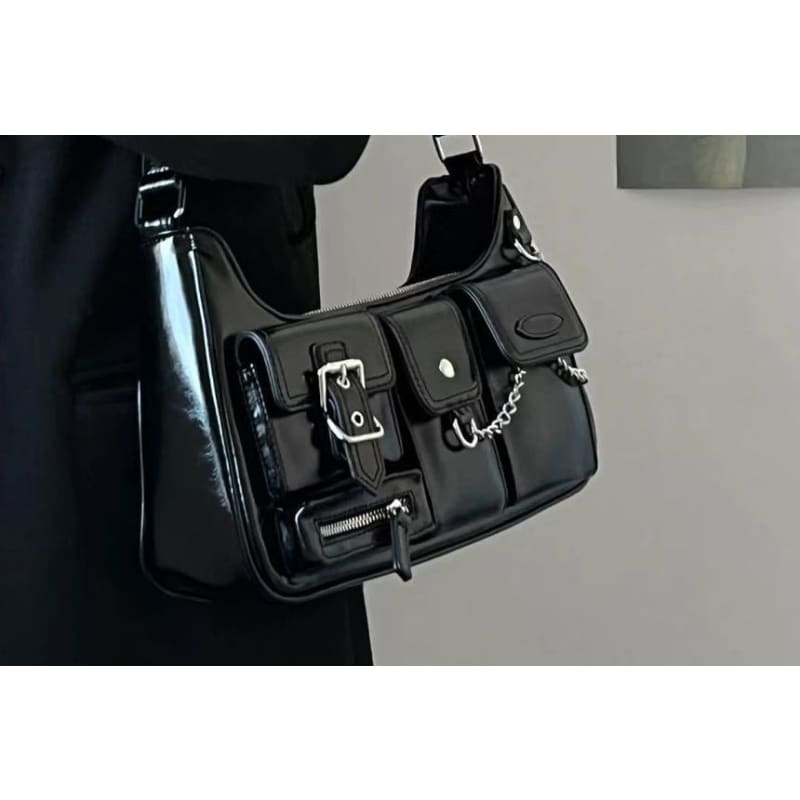 Faux Leather Buckled Chained Shoulder Bag