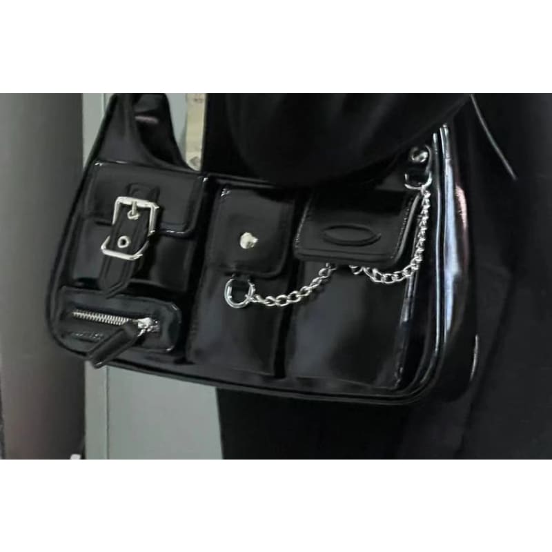 Faux Leather Buckled Chained Shoulder Bag