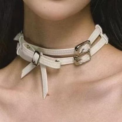 Faux Leather Buckled Choker - White / One Size