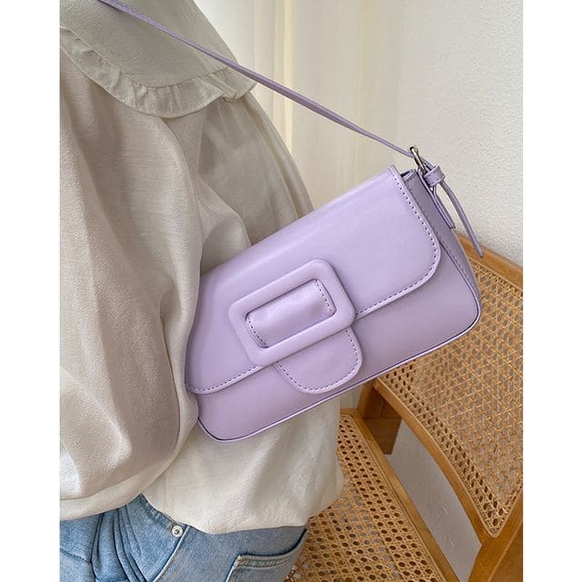 Faux Leather Buckled Flap Shoulder Bag - Purple / One Size