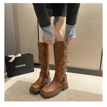 Faux Leather Buckled Tall Boots