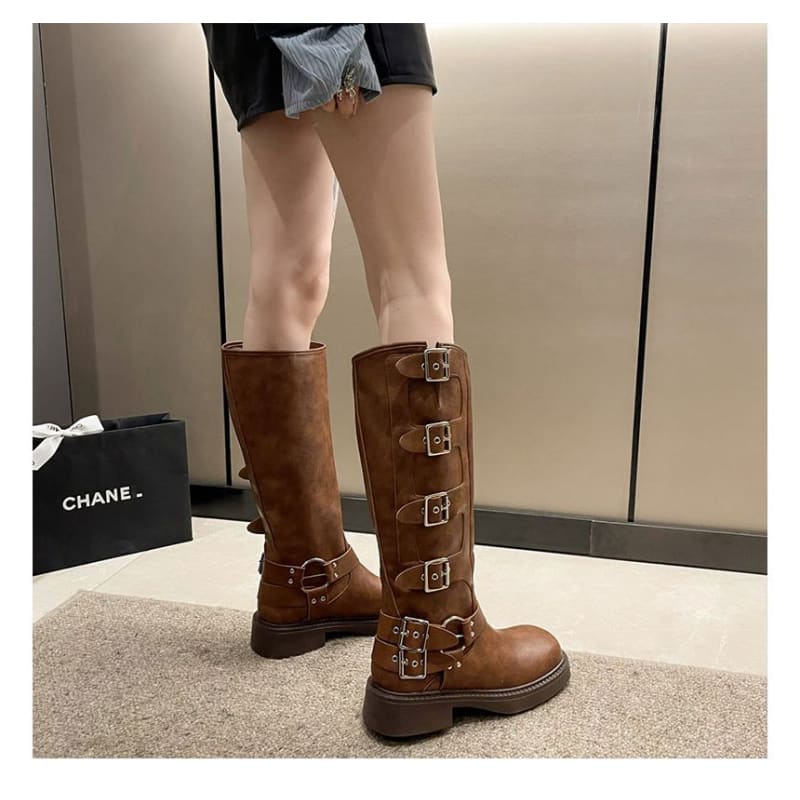 Faux Leather Buckled Tall Boots