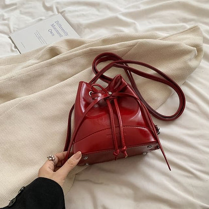 Faux Leather Drawstring Bucket Bag - Red / One Size