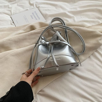 Faux Leather Drawstring Bucket Bag - Silver / One Size