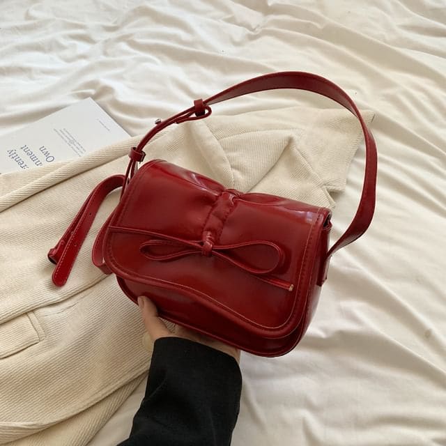 Faux Leather Drawstring Flap Shoulder Bag - Red / One Size