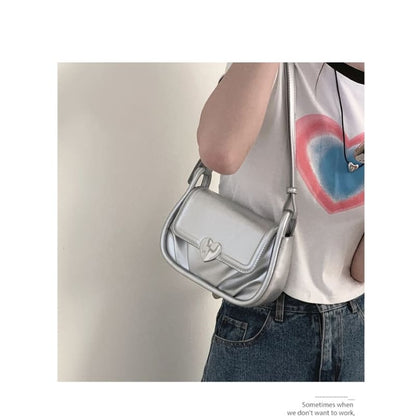 Faux Leather Heart Buckled Flap Crossbody Bag