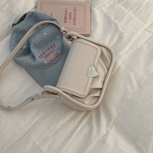 Faux Leather Heart Buckled Flap Crossbody Bag - Off-White