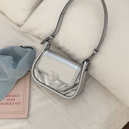 Faux Leather Heart Buckled Flap Crossbody Bag - Silver