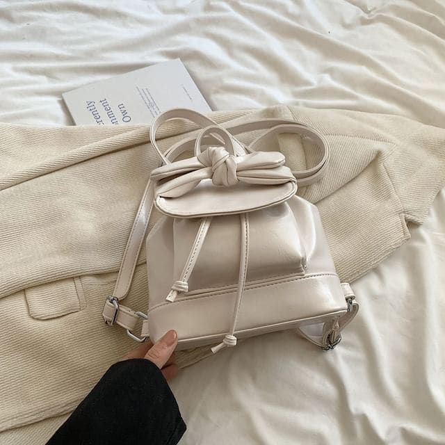 Faux Leather Knotted Drawstring Flap Backpack - White