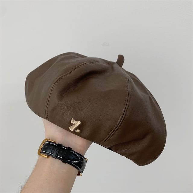 Faux Leather Numbering Beret - Coffee / One Size