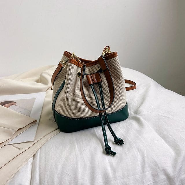 Faux Leather Panel Drawstring Bucket Bag - Green / One Size