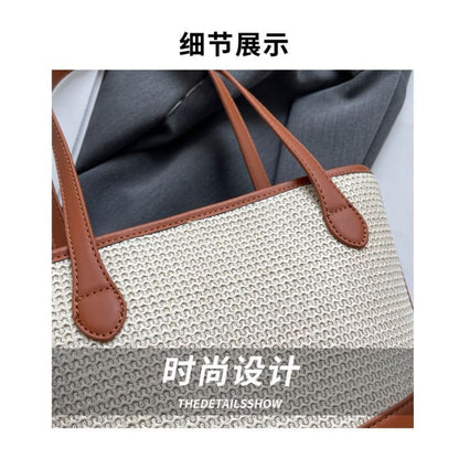 Faux Leather Panel Woven Bucket Bag