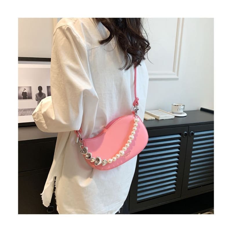 Faux Leather Faux Pearl Strap Shoulder Bag