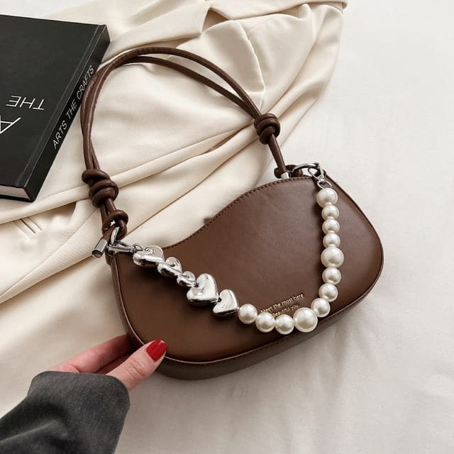 Faux Leather Faux Pearl Strap Shoulder Bag - Coffee