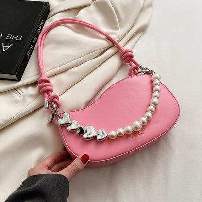 Faux Leather Faux Pearl Strap Shoulder Bag - Pink / One Size