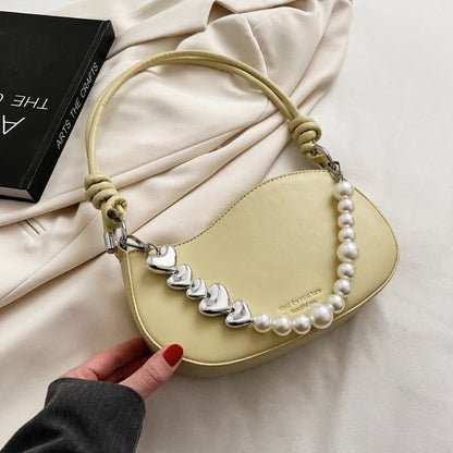 Faux Leather Faux Pearl Strap Shoulder Bag - Yellow