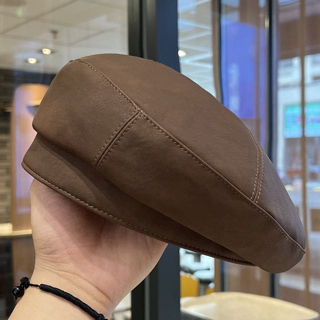 Faux Leather Plain Beret - Coffee / One Size