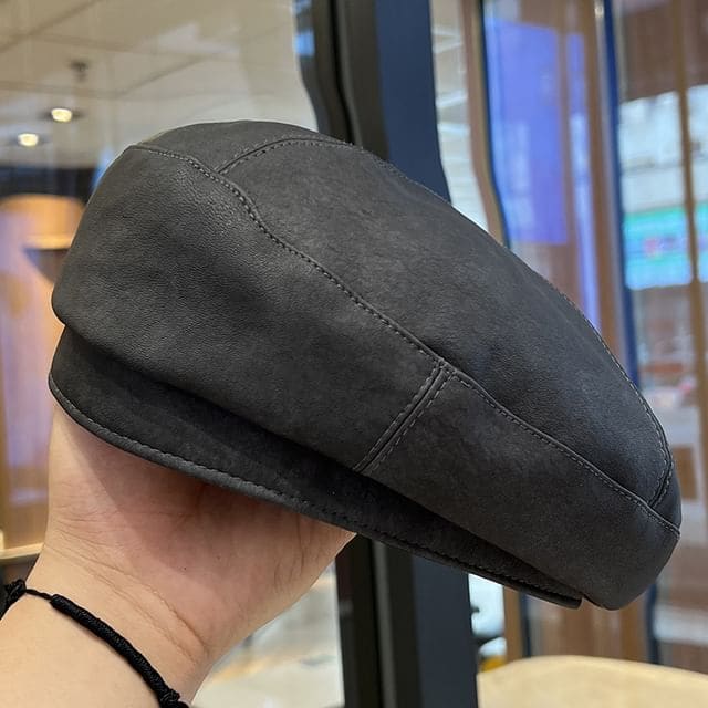 Faux Leather Plain Beret - Dark Gray / One Size