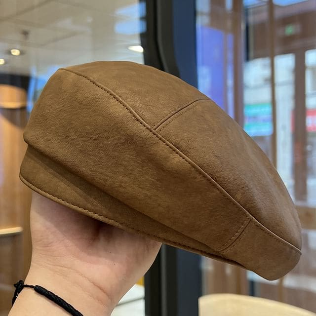 Faux Leather Plain Beret - Khaki / One Size