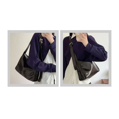 Faux Leather Plain Flap Shoulder Bag - Dark Coffee