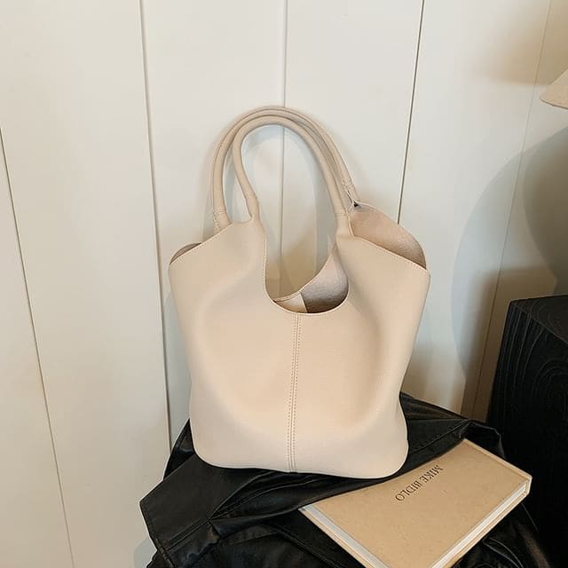 Faux Leather Plain Tote Bag - Beige / One Size