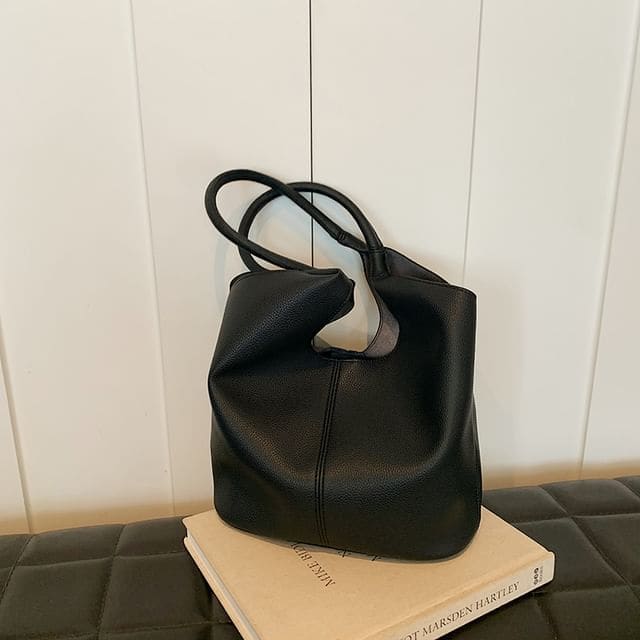 Faux Leather Plain Tote Bag - Black / One Size