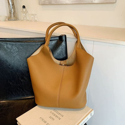 Faux Leather Plain Tote Bag - Brown / One Size