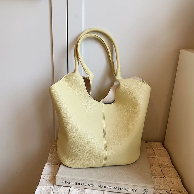 Faux Leather Plain Tote Bag - Yellow / One Size