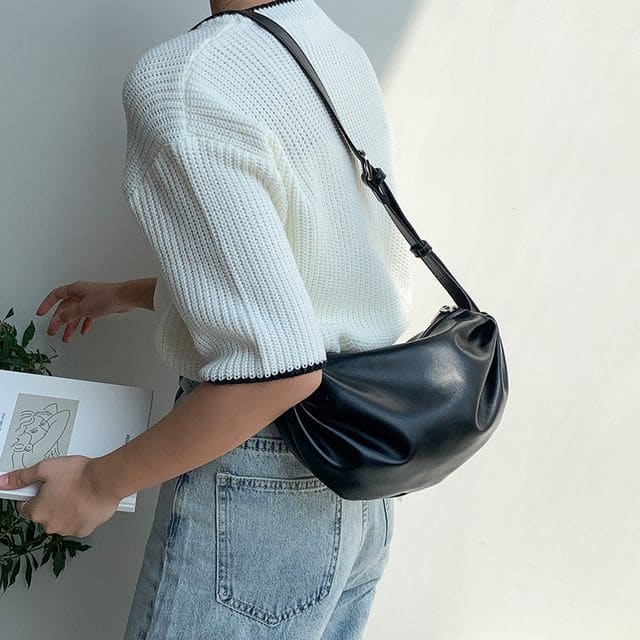 Faux Leather Plain Zip Crossbody Bag