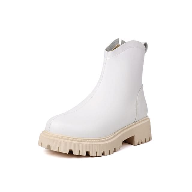 Faux Leather Platform Short Boots - White / 35