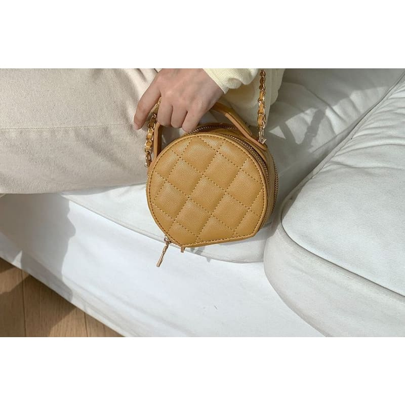 Faux Leather Quilted Round Crossbody Bag